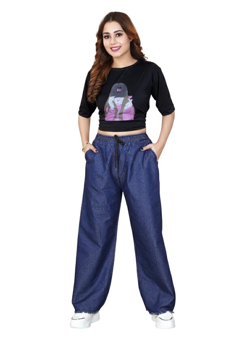 VIG TRENDS Denim Palazzo for Women, Black Wide Leg Pants with 2 Side Pockets, Stylish Bottom Wear, Jumbo Size - Image 1
